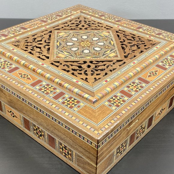 Wooden Mosaic Jewelry Box, Vintage Handmade Square Trinket, Inlaid with Mother o - Picture 2 of 10